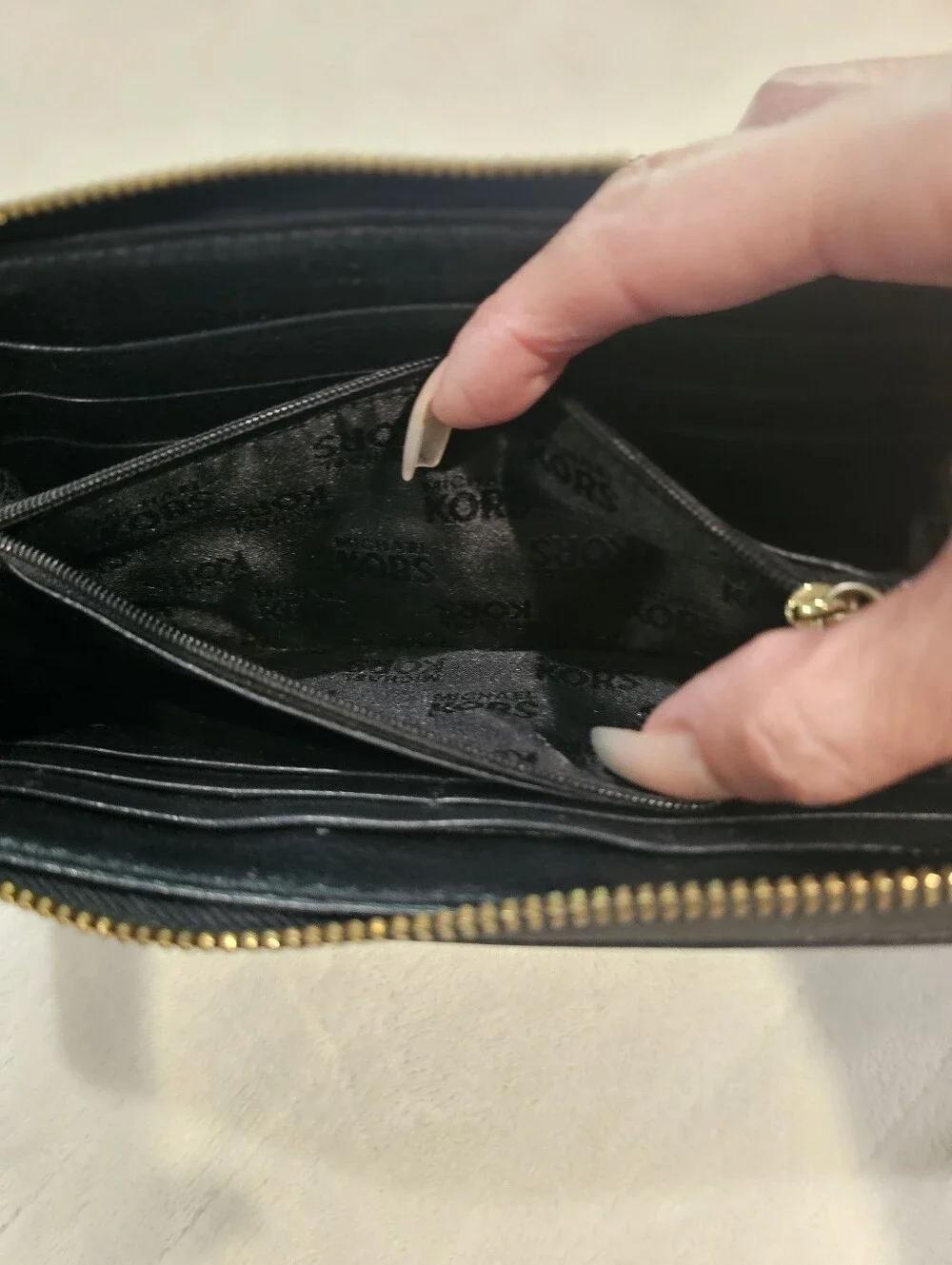 Michael Kors Black MK Logo Zip Wallet with Gold Plaque EUC